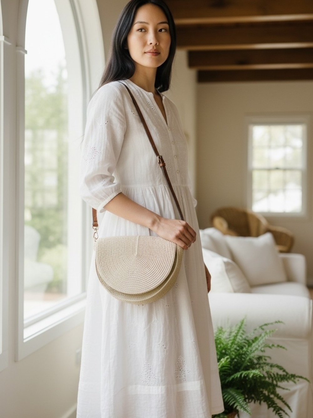 Woven Half-Moon Crossbody Bag in Natural